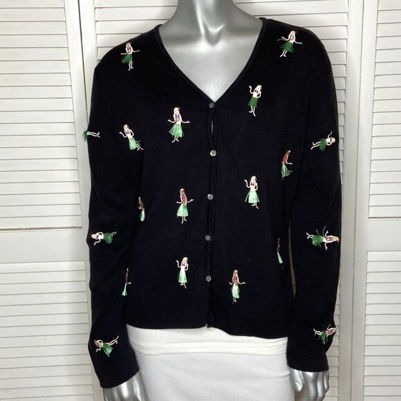 Vintage 00s ALEXANDRA BARTLETT Black Embroidered HULA Dancer Cardigan Sweater L - Picture 1 of 6
